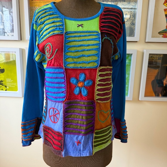 Fabulous vintage 90s Boho patchwork long-sleeve tee - Picture 1 of 8